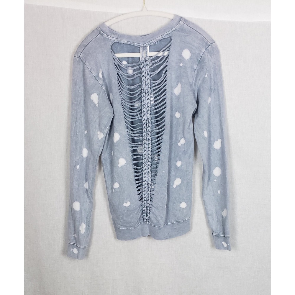 Affliction Women Diamond Creek LS Blue Acid Wash Rhinestone Braided Back Top S‎